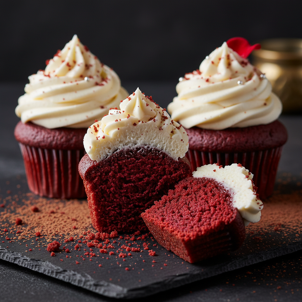 Vegan red velvet cupcakes with white cream cheese frosting